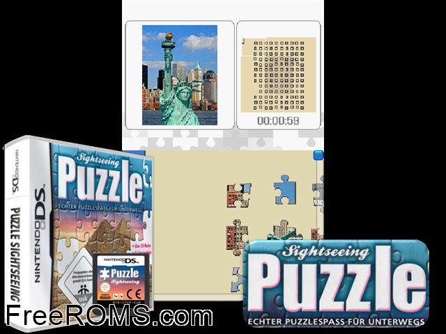 Puzzle - Sightseeing Europe NDS game showing 3D box cover and gameplay screenshot
