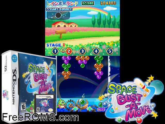 Puzzle Bobble Galaxy Europe NDS game showing 3D box cover and gameplay screenshot