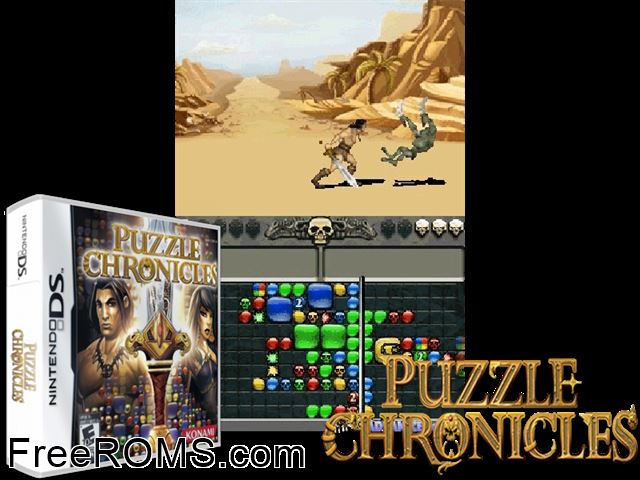 Puzzle Chronicles Europe NDS game showing 3D box cover and gameplay screenshot