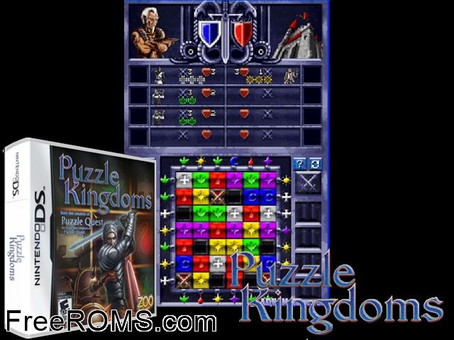 Puzzle Kingdoms NDS game showing 3D box cover and gameplay screenshot