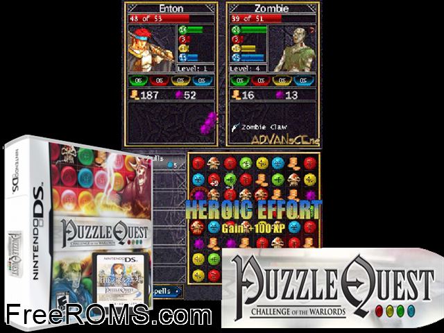 Puzzle Quest - Challenge of the Warlords NDS game showing 3D box cover and gameplay screenshot