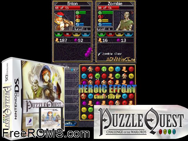 Puzzle Quest - Challenge of the Warlords Europe NDS game showing 3D box cover and gameplay screenshot
