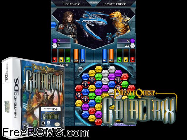 Puzzle Quest - Galactrix Europe NDS game showing 3D box cover and gameplay screenshot
