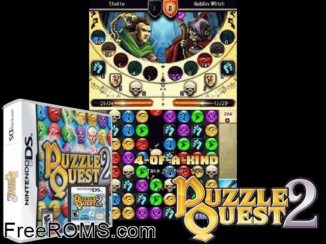 Puzzle Quest 2 NDS game showing 3D box cover and gameplay screenshot