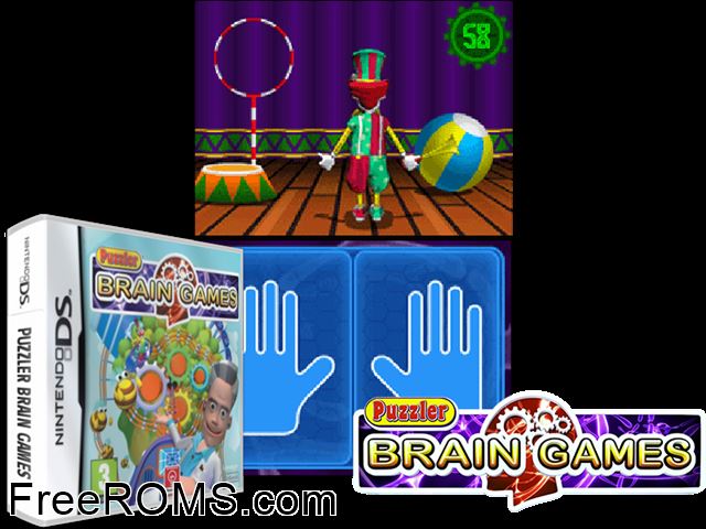 Puzzler Brain Games Europe NDS game showing 3D box cover and gameplay screenshot