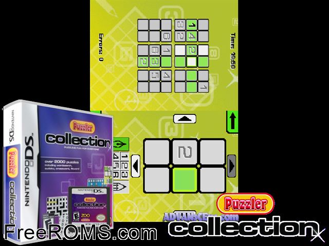 Puzzler Collection Europe NDS game showing 3D box cover and gameplay screenshot