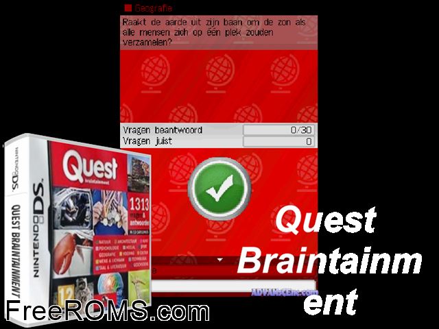 Quest Braintainment - 1313 Vragen and Antwoorden Netherlands NDS game showing 3D box cover and gameplay screenshot