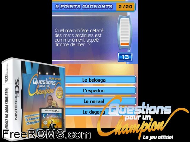 Questions pour un Champion - Edition Speciale 20 Ans France NDS game showing 3D box cover and gameplay screenshot