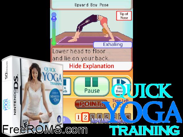 Quick Yoga Training - Learn in Minutes a Day NDS game showing 3D box cover and gameplay screenshot