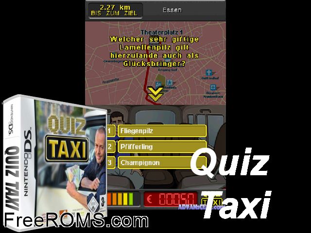 Quiz Taxi Germany NDS game showing 3D box cover and gameplay screenshot