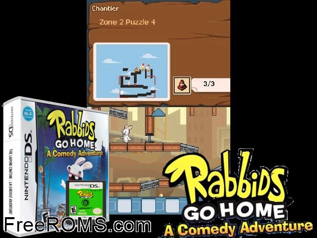 Rabbids Go Home - A Comedy Adventure NDS game showing 3D box cover and gameplay screenshot