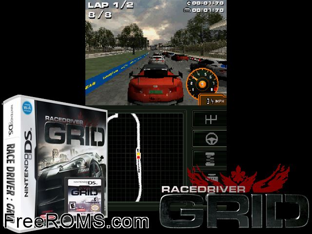 Race Driver - GRID Europe NDS game showing 3D box cover and gameplay screenshot