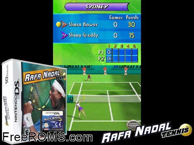 Rafa Nadal Tennis NDS game showing 3D box cover and gameplay screenshot