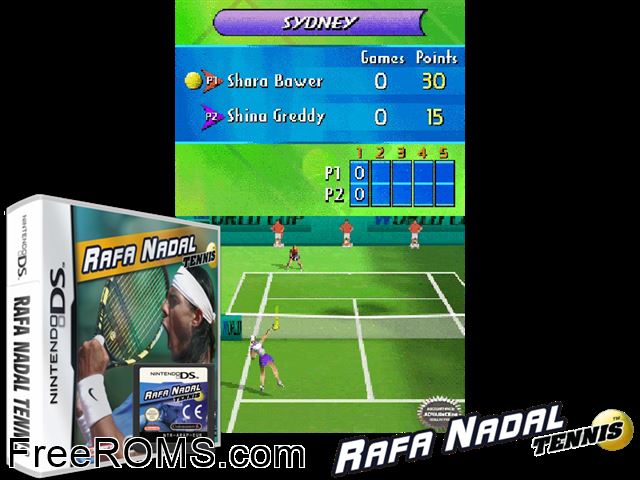 Rafa Nadal Tennis Europe NDS game showing 3D box cover and gameplay screenshot