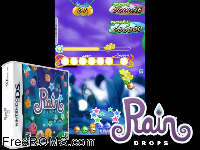 Rain Drops NDS game showing 3D box cover and gameplay screenshot