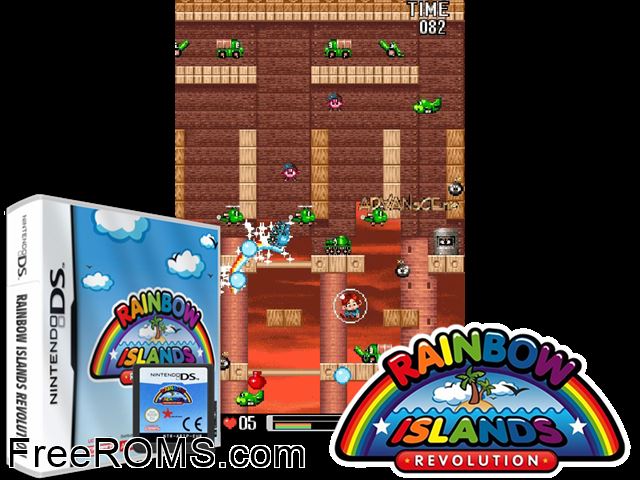 Rainbow Island Revolution Europe NDS game showing 3D box cover and gameplay screenshot