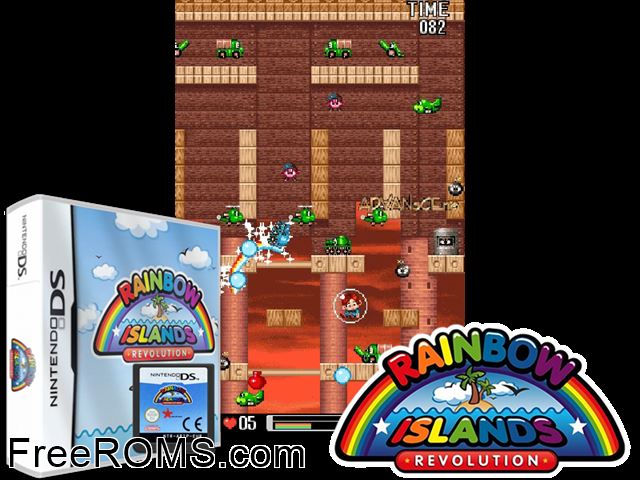 Rainbow Islands - Revolution NDS game showing 3D box cover and gameplay screenshot