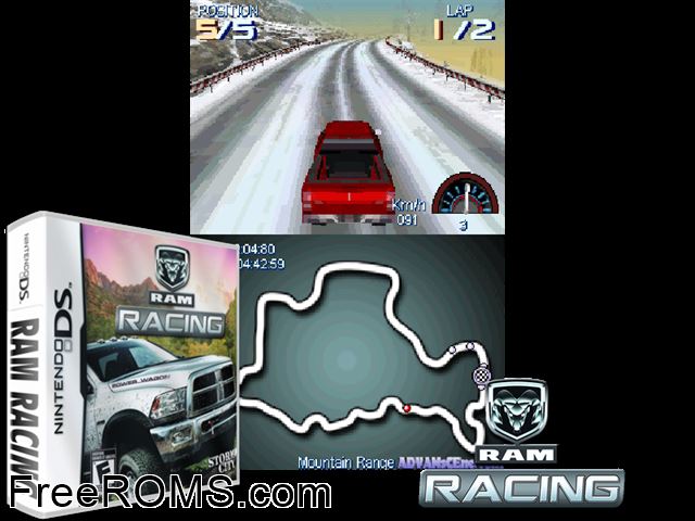 Ram Racing NDS game showing 3D box cover and gameplay screenshot