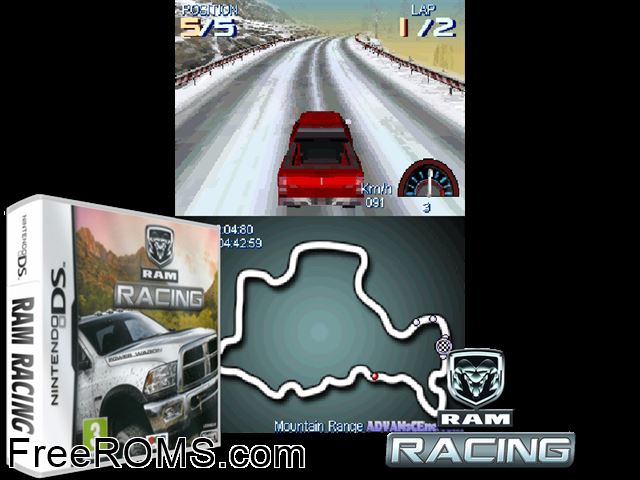 Ram Racing Europe NDS game showing 3D box cover and gameplay screenshot