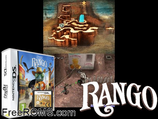 Rango Europe NDS game showing 3D box cover and gameplay screenshot