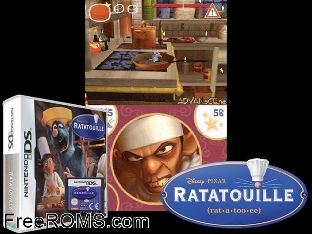 Ratatouille Europe NDS game showing 3D box cover and gameplay screenshot
