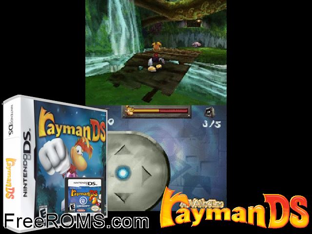Rayman DS NDS game showing 3D box cover and gameplay screenshot
