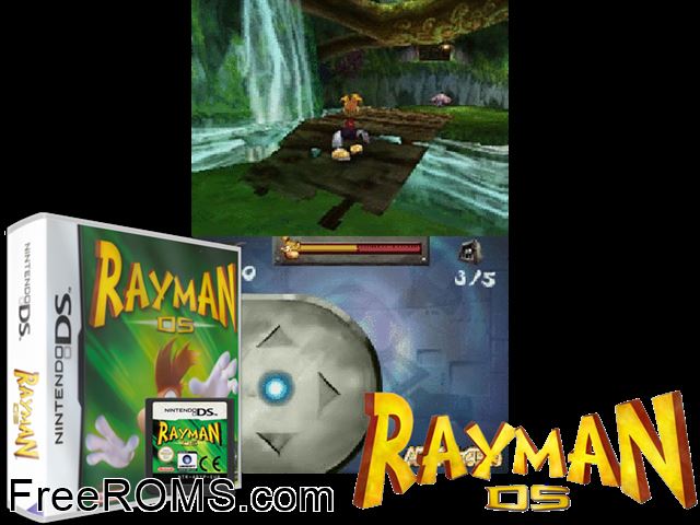 Rayman DS Europe NDS game showing 3D box cover and gameplay screenshot