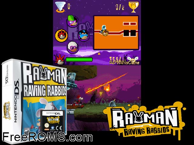 Rayman Raving Rabbids NDS game showing 3D box cover and gameplay screenshot