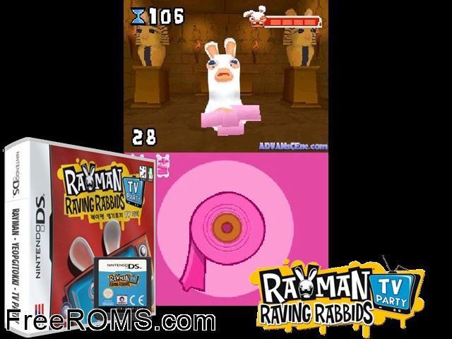 Rayman Raving Rabbids - TV Party NDS game showing 3D box cover and gameplay screenshot