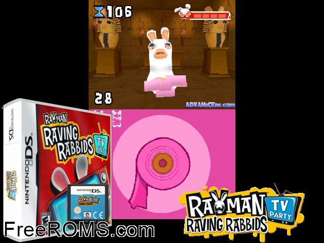 Rayman Raving Rabbids - TV Party Europe NDS game showing 3D box cover and gameplay screenshot