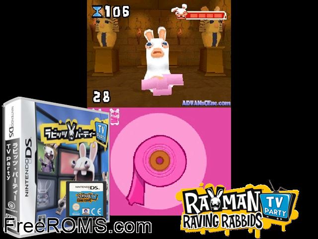 Rayman Raving Rabbids - TV Party Japan NDS game showing 3D box cover and gameplay screenshot