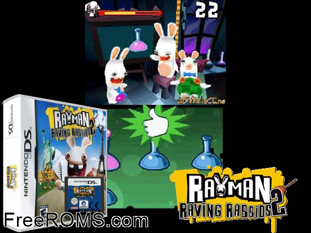 Rayman Raving Rabbids 2 NDS game showing 3D box cover and gameplay screenshot