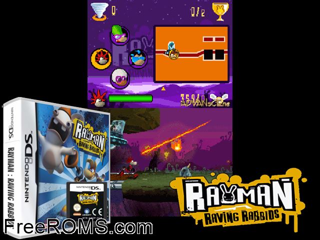 Rayman Raving Rabbids Europe NDS game showing 3D box cover and gameplay screenshot