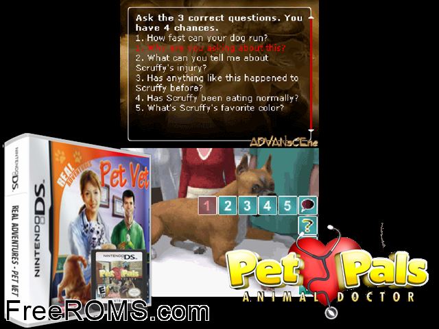 Real Adventure - Pet Vet Europe NDS game showing 3D box cover and gameplay screenshot