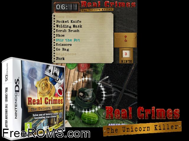 Real Crimes - The Unicorn Killers Europe NDS game showing 3D box cover and gameplay screenshot