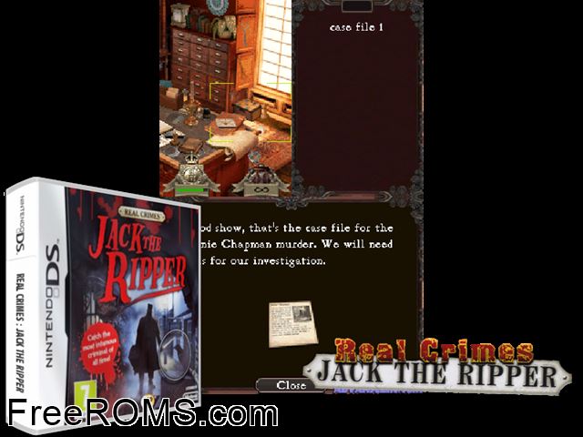 Real Crimes Jack The Ripper Europe NDS game showing 3D box cover and gameplay screenshot