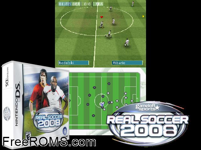 Real Soccer 2008 NDS game showing 3D box cover and gameplay screenshot