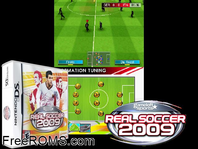 Real Soccer 2009 NDS game showing 3D box cover and gameplay screenshot