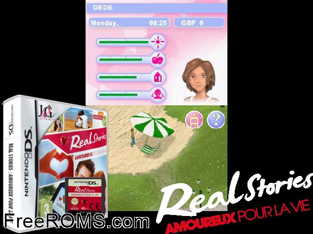 Real Stories - Amoureux pour la Vie France NDS game showing 3D box cover and gameplay screenshot