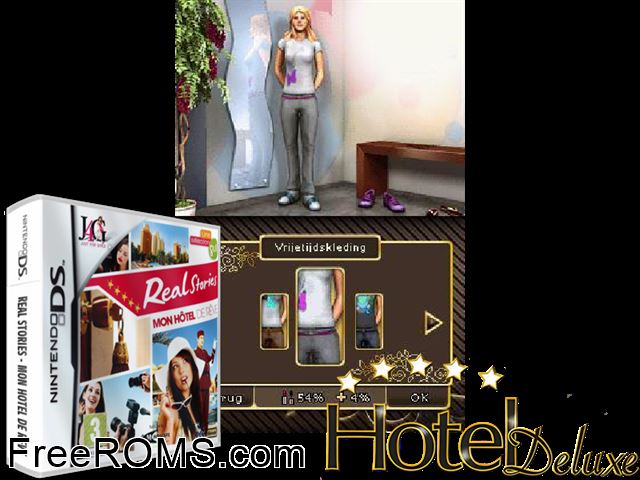 Real Stories - Mon Hotel de Reve France NDS game showing 3D box cover and gameplay screenshot