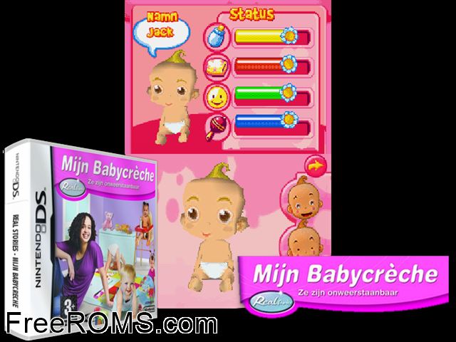 Real Stories - My Baby World Europe NDS game showing 3D box cover and gameplay screenshot