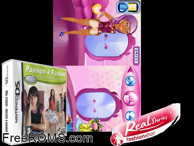 Real Stories - Passion 4 Fashion Europe NDS game showing 3D box cover and gameplay screenshot