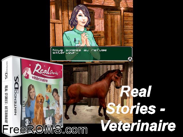 Real Stories - Veterinaire France NDS game showing 3D box cover and gameplay screenshot
