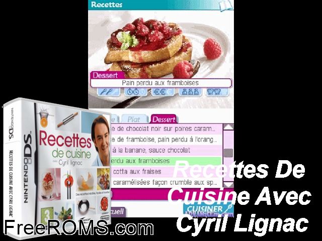 Recettes de Cuisine avec Cyril Lignac France NDS game showing 3D box cover and gameplay screenshot