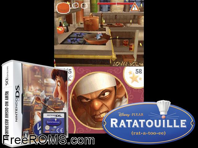 Remy no Oishii Restaurant Japan NDS game showing 3D box cover and gameplay screenshot