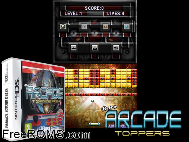 Retro Arcade Toppers Europe NDS game showing 3D box cover and gameplay screenshot