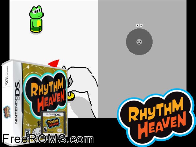 Rhythm Heaven NDS game showing 3D box cover and gameplay screenshot