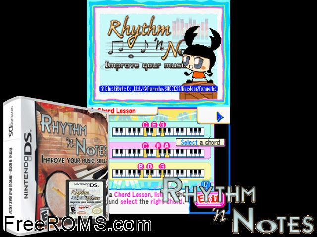 Rhythm n Notes NDS game showing 3D box cover and gameplay screenshot
