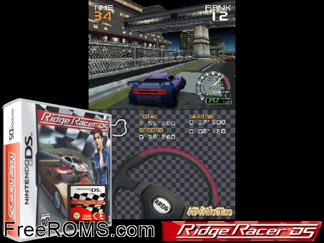 Ridge Racer DS NDS game showing 3D box cover and gameplay screenshot