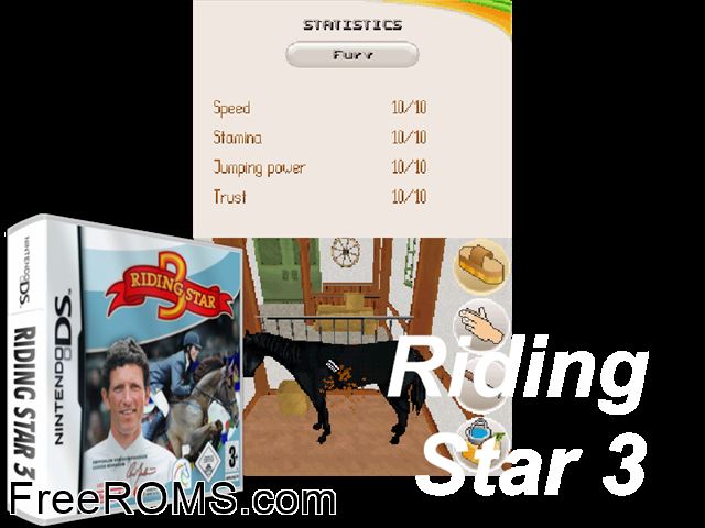 Riding Star 3 Europe NDS game showing 3D box cover and gameplay screenshot